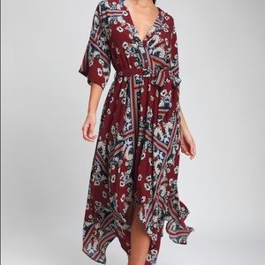 Lulus Delta Burgundy Boho Print Midi Dress
